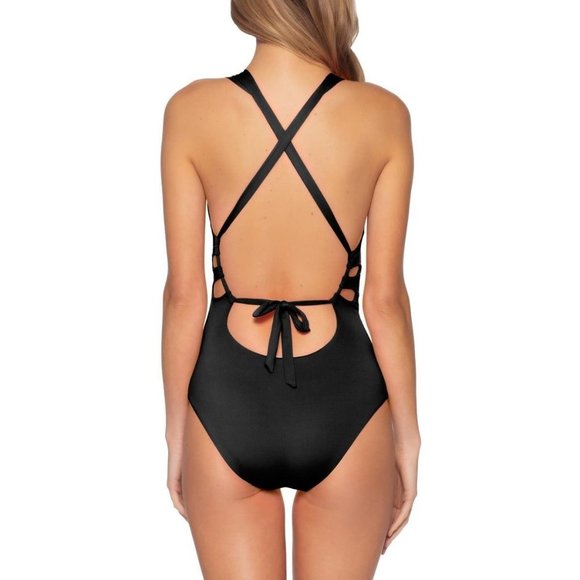 BECCA Color Code Skylar Plunge One-Piece Swimsuit Medium (8-10) Black NEW - Picture 3 of 7